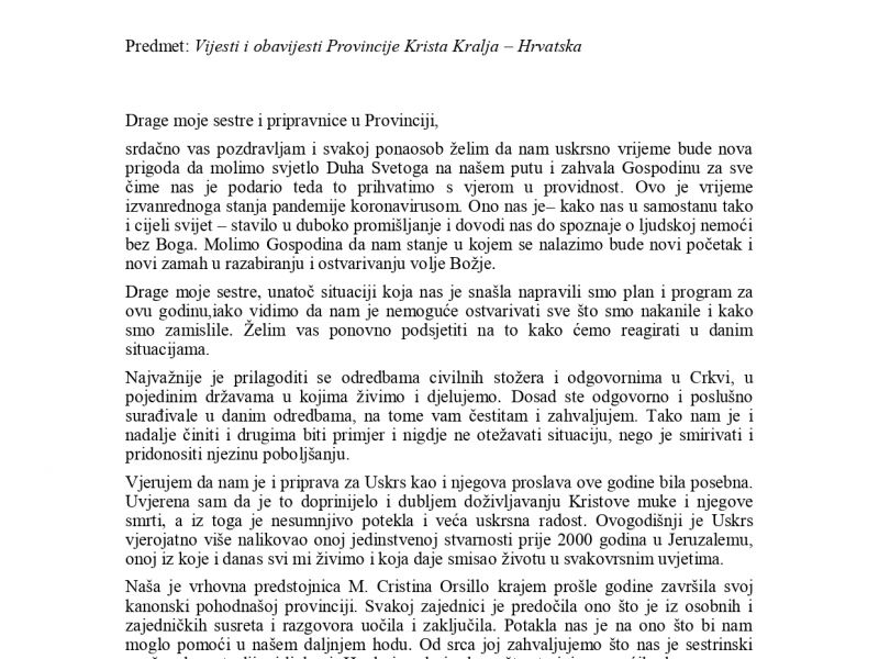 Vijesti i obavijesti Provincije Krista Kralja – Hrvatska