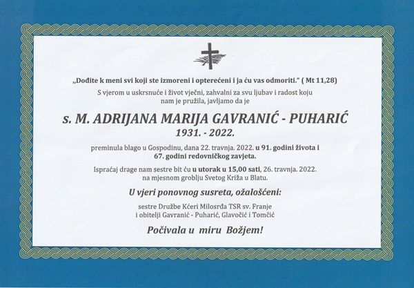 S. M. Adrijana Gavranić (1931.-2022.)