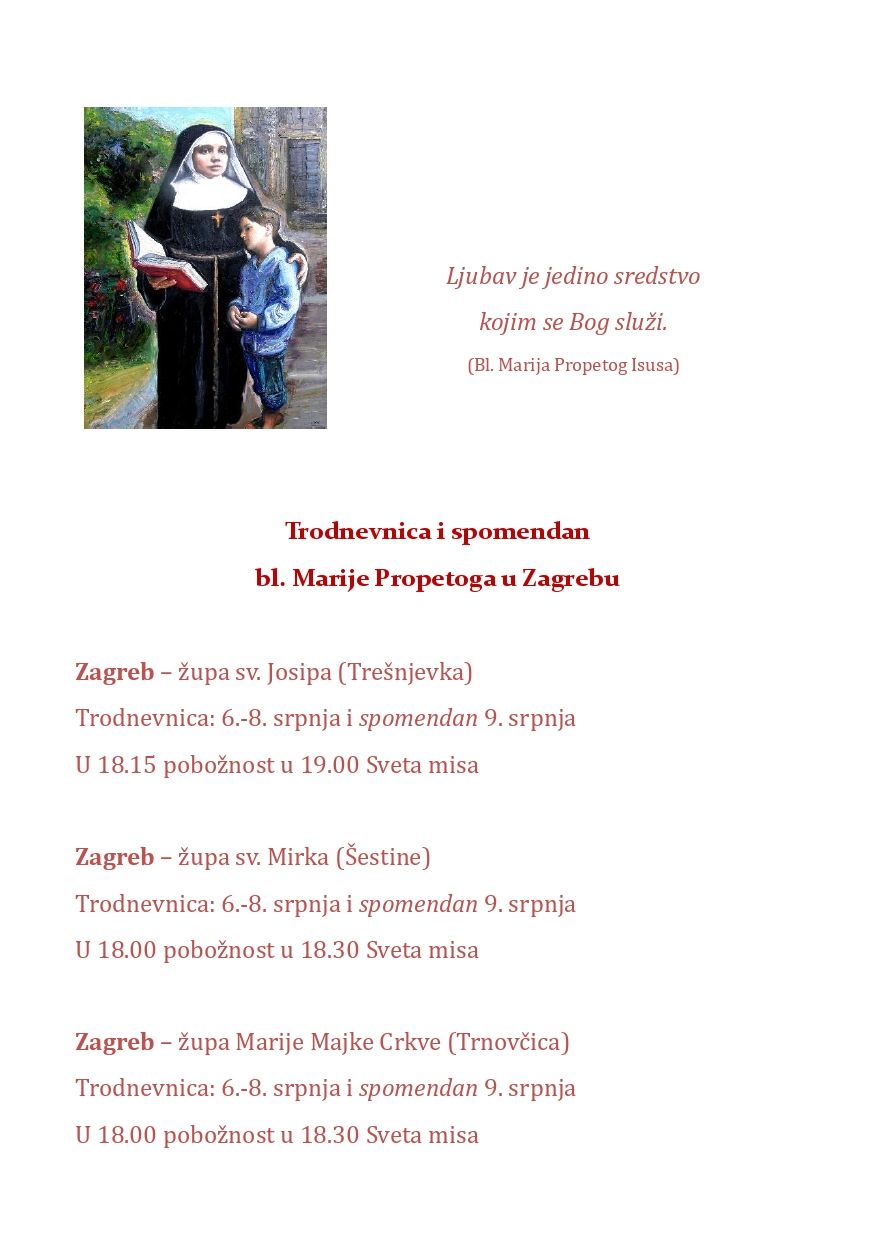 Trodnevnica i spomendan bl. Marije Propetoga u Zagrebu 2026.